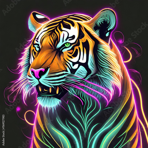 Portrait of a Tiger in neon colour in front of a black background.