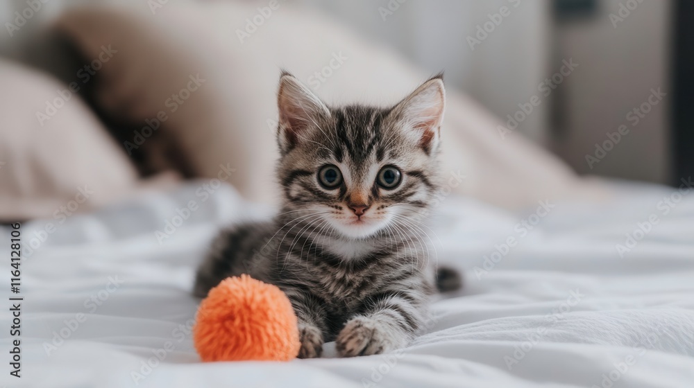 Playful kitten with a pom-pom toy on a cozy bed Playful kitten with a pom-pom toy on a cozy bed