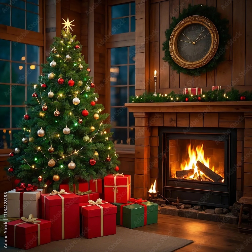 A Christmas tree is lit up in a cozy living room with a fireplace and a clock on the wall