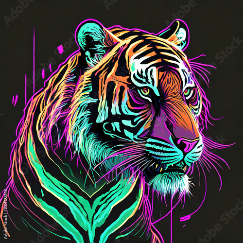 Portrait of a Tiger in neon colour in front of a black background. photo