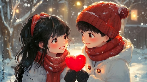 An illustration of a couple in love holding a red heart, in winter outfits, kids watercolor illustration of love, and valentine's day, snow background