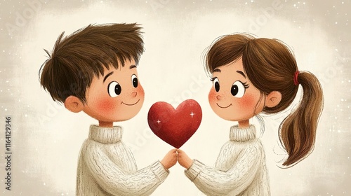 A cute illustration of a couple in love holding a red heart, kids watercolor illustration of love, and valentine's day, light colored background