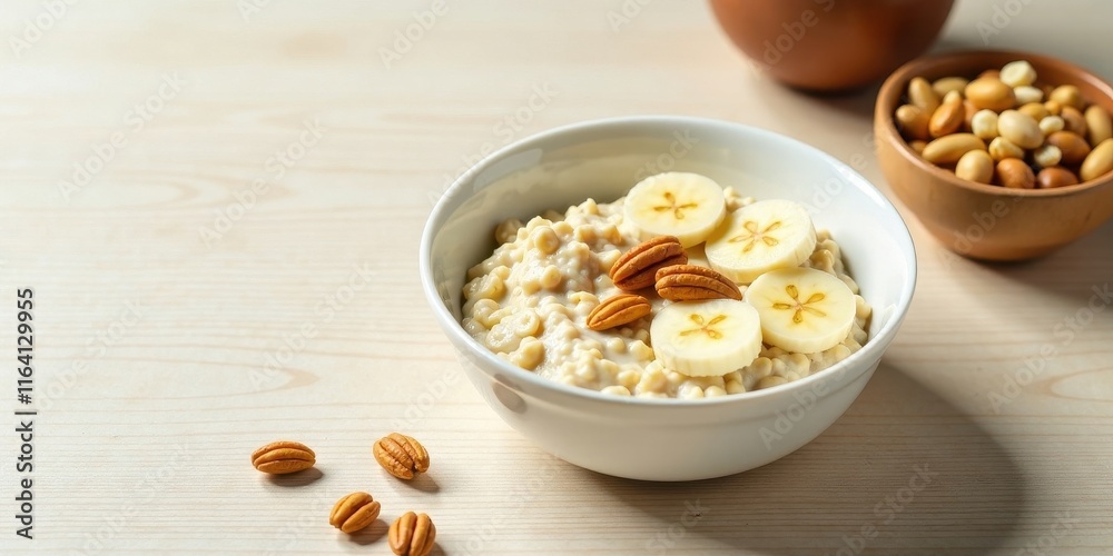 Creamy Oatmeal Breakfast Bowl with Banana Slices and Pecans on a Light Wooden Surface
