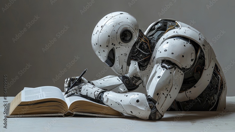 Fototapeta premium A robotic arm adeptly stacks a book with others, symbolizing strides in educational technology and knowledge management