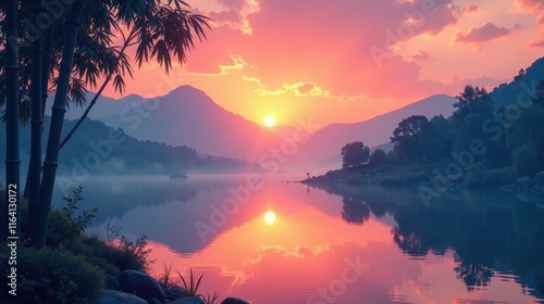 Serene Sunset over Misty Lake and Mountain Range, Bamboo Silhouettes Framing the Vibrant Hues of Dusk