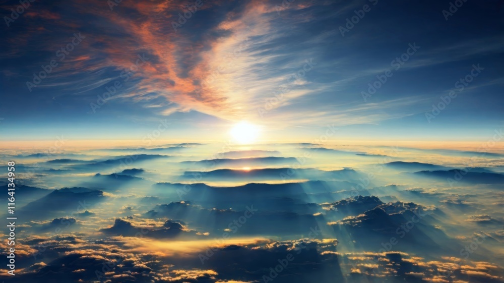 Fototapeta premium Beautiful sunrise over clouds with radiant light spreading across the sky