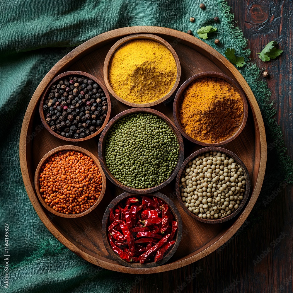 World of Spices - A circular tray with a variety of spices World of Spices - A circular tray with a variety of spices