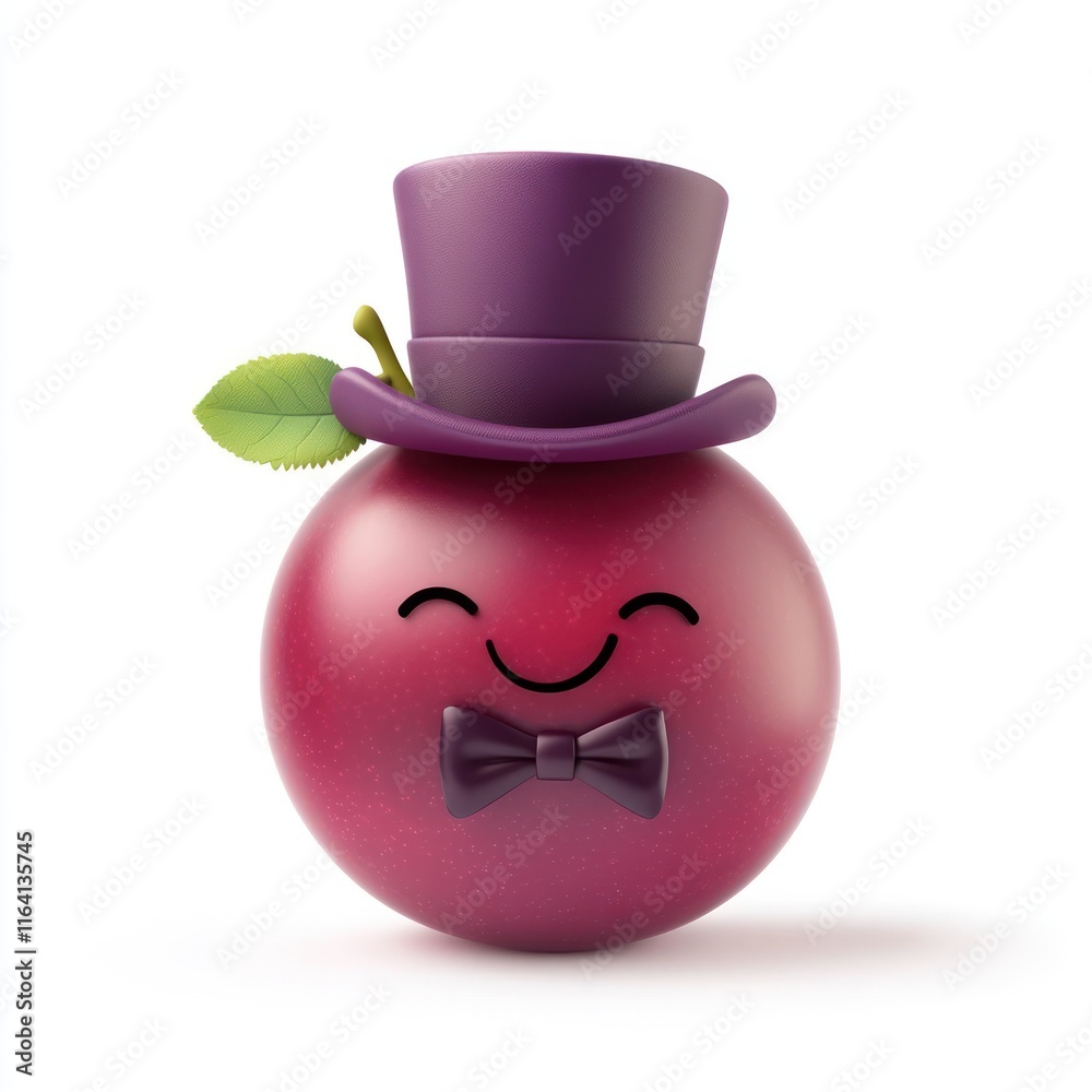 Smiling plum with a little top hat and a bowtie. vector style art 3d illustration Isolated on White Background Smiling plum with a little top hat and a bowtie. vector style art 3d illustration Isolated on White Background