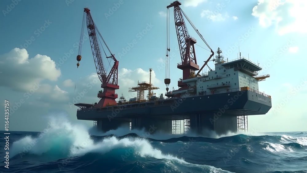 Massive Offshore Crane Vessel Navigating Rough Seas Strong Waves Massive Offshore Crane Vessel Navigating Rough Seas Strong Waves