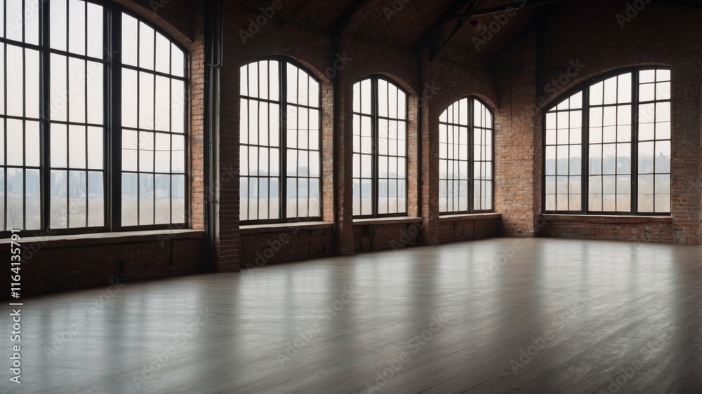 Industrial space with large windows and natural light in an urban setting Industrial space with large windows and natural light in an urban setting