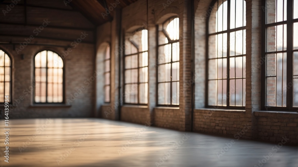 Sunlight streaming through large windows in an industrial style space Sunlight streaming through large windows in an industrial style space