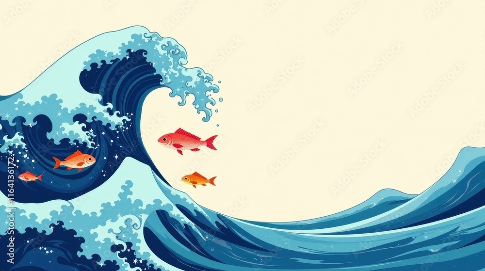 Ocean Wave with Swimming Fish An Artistic Depiction of Aquatic Life and Powerful Nature