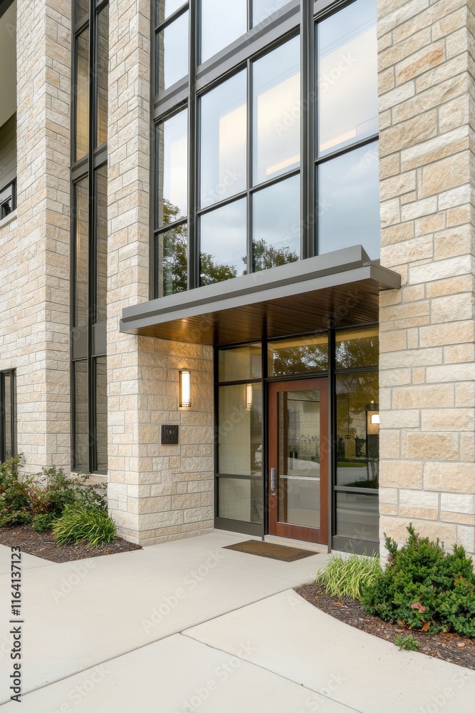 Modern stone building entrance with large windows and welcoming design in a suburban area Modern stone building entrance with large windows and welcoming design in a suburban area