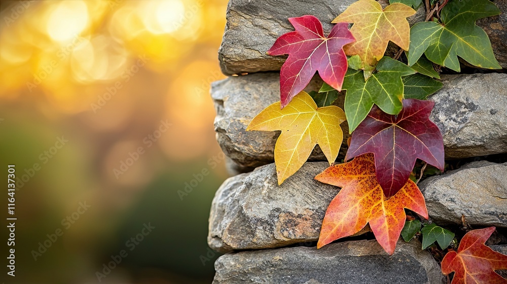 Obraz premium Historic Villages and Scenic Trails in the English Countryside, a macro photography close-up of colorful ivy leaves climbing a stone wall, illuminated softly by warm sunlight