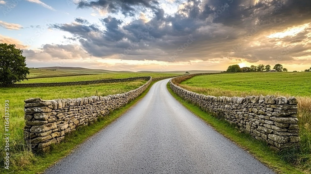 Obraz premium Iconic Landmarks like Stone Walls and Winding Roads in Rural Britain, a realistic photo of a winding country road flanked by ancient stone walls, stretching towards the horizon under a dramatic.