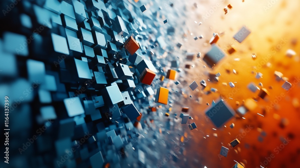 Obraz premium Abstract Blue and Orange Cubes Exploding