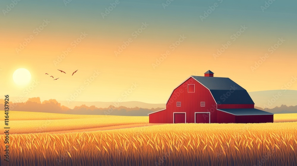 Red barn in golden wheat field at sunset. Red barn in golden wheat field at sunset.