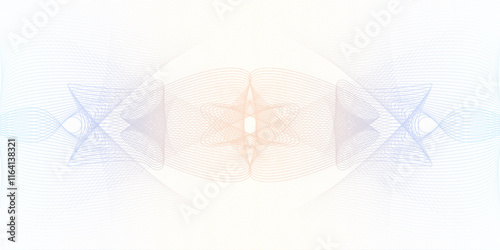 Light orange, blue watermark design. Line art pastel pattern. Vector symmetric ornament, decorative guilloche. Squiggle thin curves. Abstract background for cheque, ticket, certificate. Ai format