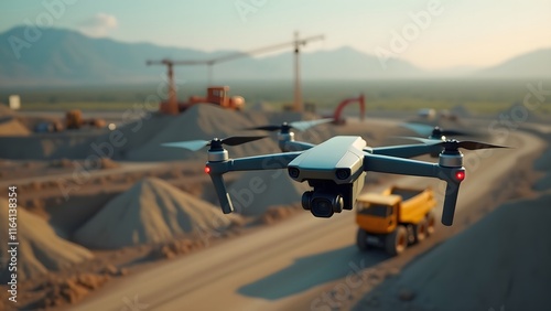 Drone Aerial View Construction Site Dusty Landscape Sunset photo