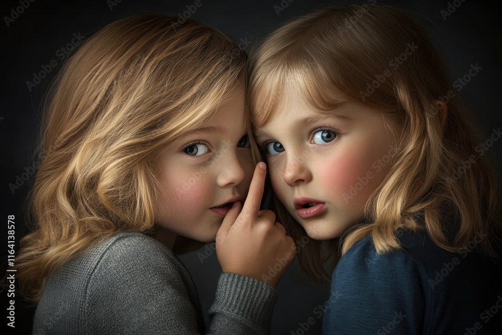 Two children sharing a secret, captured in soft lighting with natural expressions Two children sharing a secret, captured in soft lighting with natural expressions