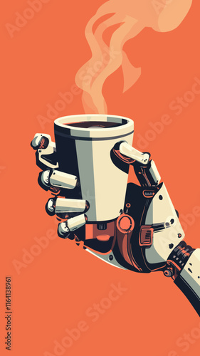 Minimalist Robotic Hand Holding Steaming Coffee Cup Vector Illustration