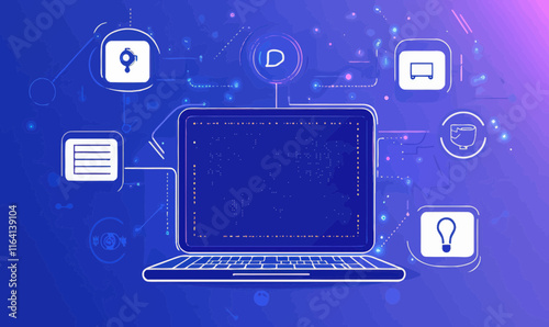 Innovative Digital Network Concept with Laptop and World Map for Technology Solutions