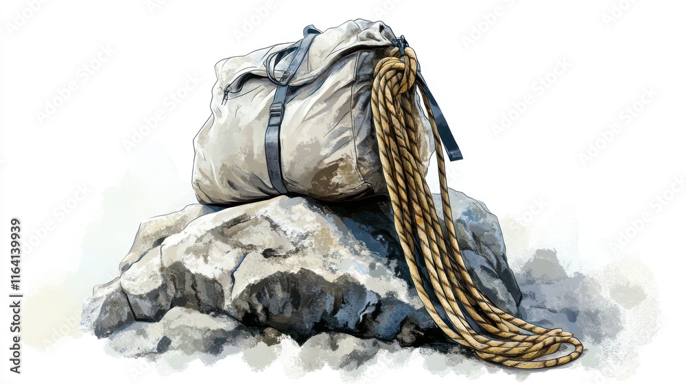 Obraz premium Rustic canvas sack atop rocks with rope.