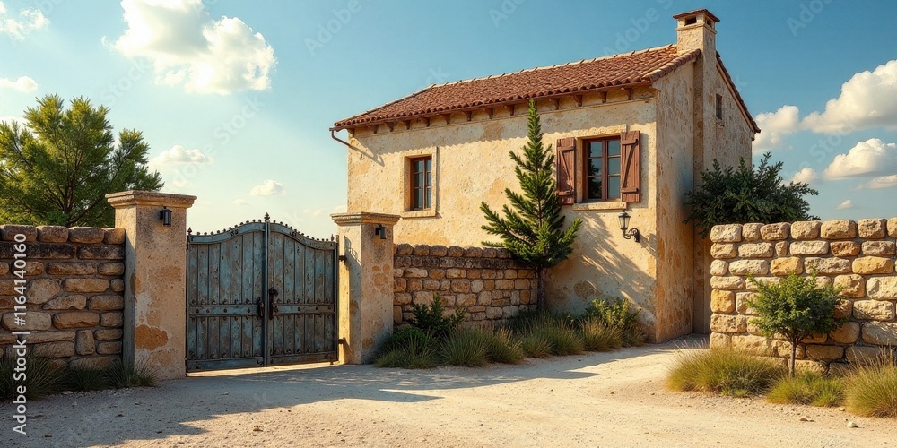 Rustic Mediterranean-style house with stone walls and weathered wooden gate, bathed in warm sunlight, showcasing tranquil landscape design elements. Rustic Mediterranean-style house with stone walls and weathered wooden gate, bathed in warm sunlight, showcasing tranquil landscape design elements.