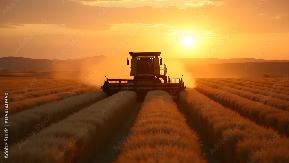 Fototapeta premium Golden Harvest Combine Silhouette Sunset Wheat Field