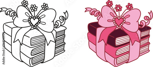 A stack of books wrapped with a pink ribbon tied into a large bow, clipart coquette aesthetic for coloring page and so on. Vector illustration. photo