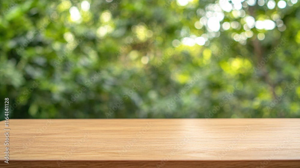 Wooden Tabletop with Blurred Green Background in a Natural Outdoor Setting Wooden Tabletop with Blurred Green Background in a Natural Outdoor Setting
