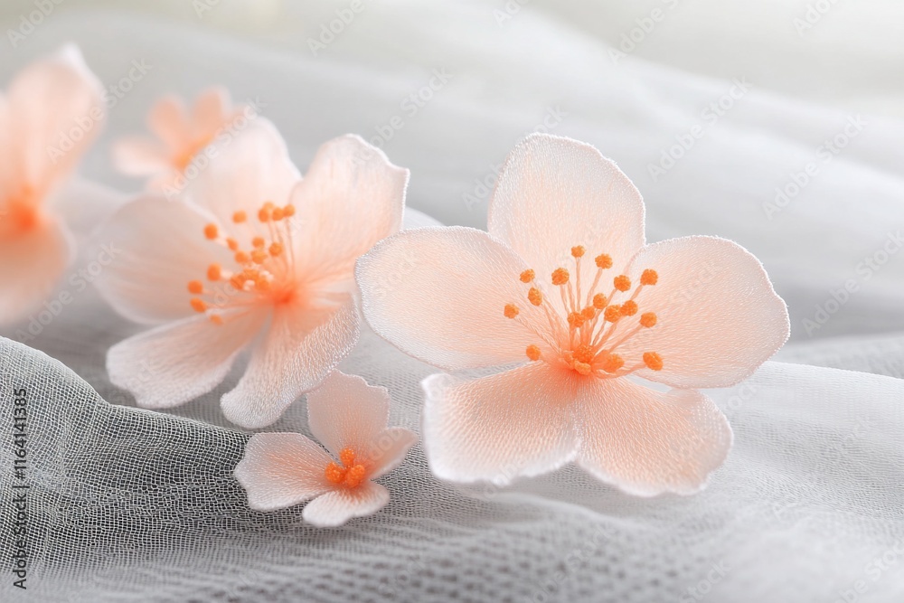 Delicate peach paper flowers on sheer fabric. Delicate peach paper flowers on sheer fabric.