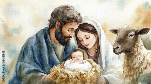 Watercolor illustration of the Holy Family on a light background. The Virgin Mary and Saint Joseph hold the baby Jesus Christ. Christian art.
