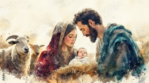 Watercolor illustration of the Holy Family on a light background. The Virgin Mary and Saint Joseph hold the baby Jesus Christ. Christian art.