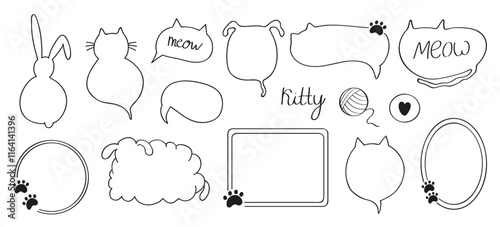 Hand-drawn sketch of a cute set of cat and dog-themed speech bubbles and frames in doodle line style. n photo