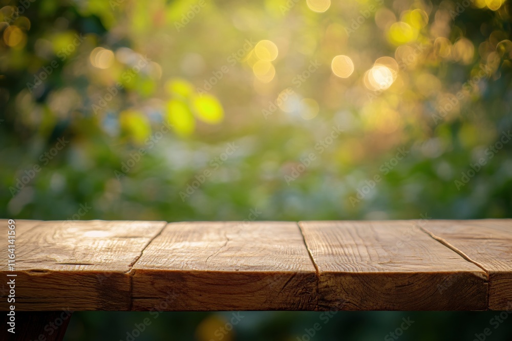 Rustic wooden table in a soft-focus natural background with warm bokeh lights