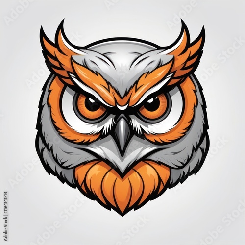 Intense owl portrait.  Fierce gaze, detailed feathers, orange and gray color scheme. Perfect for logos, branding, or illustrations. photo