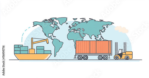 Illustration of global shipping with cargo ship, truck, and forklift on a world map background photo