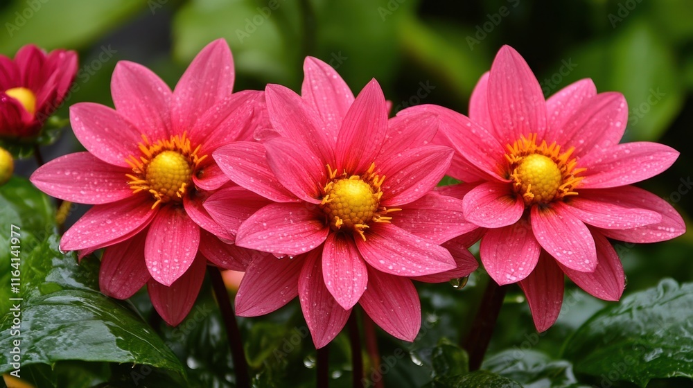 Vibrant Pink Flowers with Dewdrops in Lush Garden Setting Vibrant Pink Flowers with Dewdrops in Lush Garden Setting