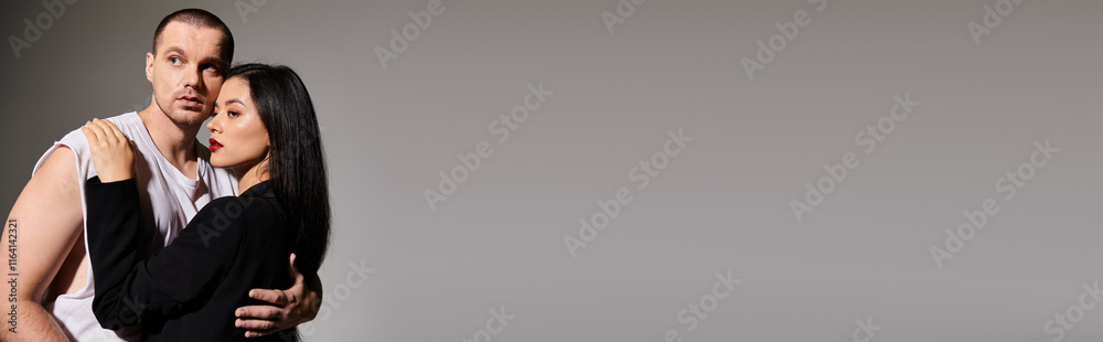A beautiful couple exudes love and style while celebrating romance in a studio setting, banner A beautiful couple exudes love and style while celebrating romance in a studio setting, banner