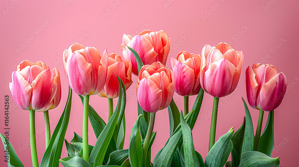 Row of pink tulips are arranged in a row on a pink background. Row of pink tulips are arranged in a row on a pink background.