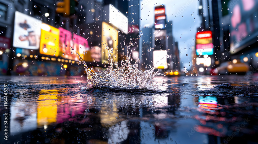 Obraz premium Water splash in Times Square, NYC, reflecting lights.