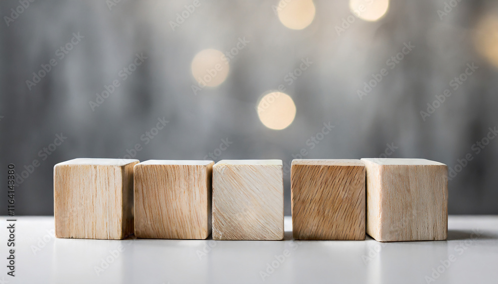 5 wooden cubes. Wood blocks. Place for adding text or design. Mock-up. Blurred backdrop. 5 wooden cubes. Wood blocks. Place for adding text or design. Mock-up. Blurred backdrop.