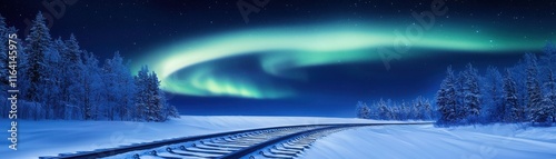 A breathtaking northern lights display illuminates a snowy landscape, with train tracks leading through the serene winter scene.
