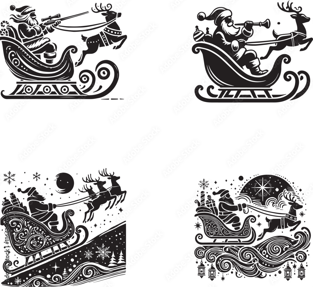 Fototapeta premium Santa Claus Silhouette with Sleigh and Reindeer in Festive Christmas Scenes