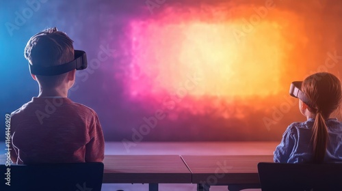 A dynamic classroom where children interact with glowing holographic displays, learning reimagined, anticipation, future, potential photo