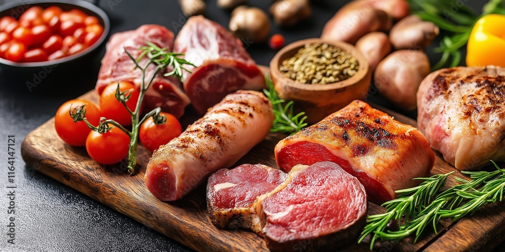 A tantalizing selection of assorted meats and fresh ingredients elegantly arranged on a wooden platter. A tantalizing selection of assorted meats and fresh ingredients elegantly arranged on a wooden platter.