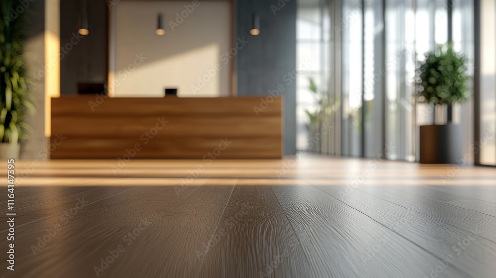 Fototapeta premium Modern Office Lobby Interior Design: Wood Floor, Reception Desk, and Sunlight