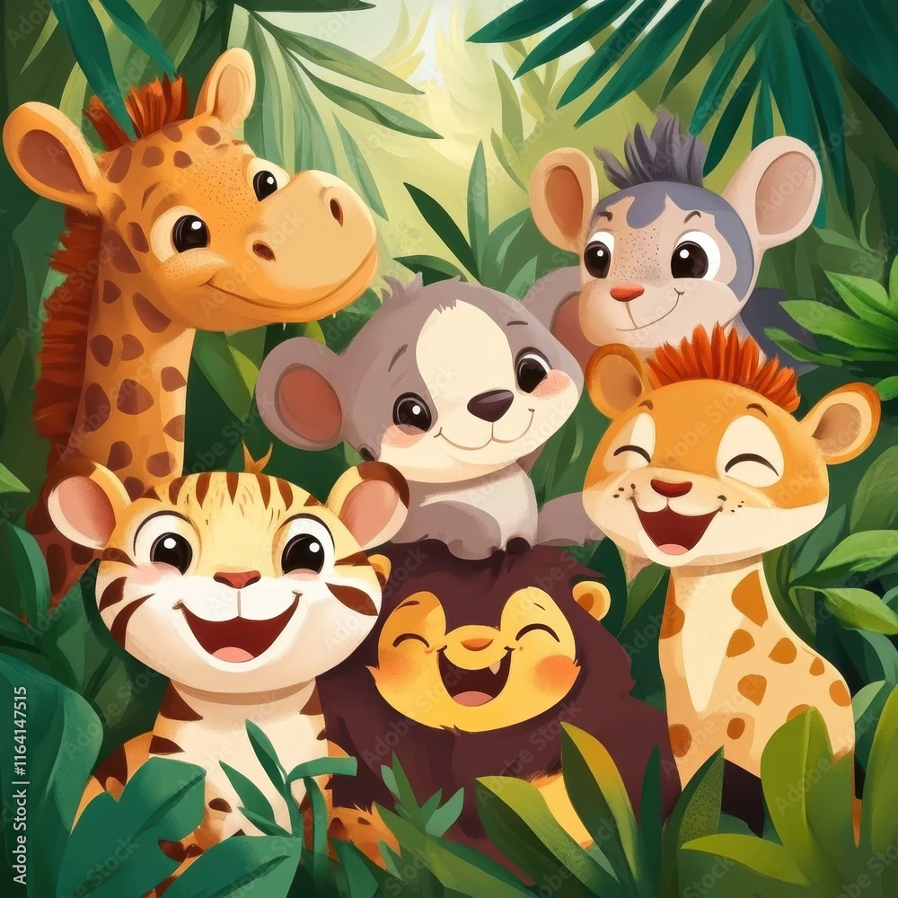Fototapeta premium Happy Jungle Animals Playing Together In Lush Foliage