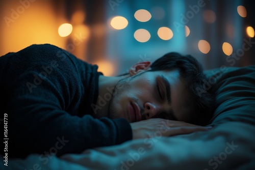 A man peacefully sleeping on a cozy bed conveys tranquility and comfort in a warm, inviting space. photo